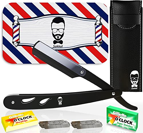 Rasiermesser Barber set 20 Halbe Klingen Etui Leder Reise SAKKAL |Rasierer Friseur Herren Handbart Barber Professional Kit Classic Handpflege Precision Friseurmechanik bartschablonen Schwarz