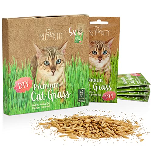 Premium Katzengras Saatmischung: 5 Beutel je 25g Katzengras Samen für 50 Töpfe fertiges Katzengras – Eine grüne Katzen Wiese – Natürliche Katzen Leckerlies – Pflanzen Samen - Grassamen PRETTY KITTY