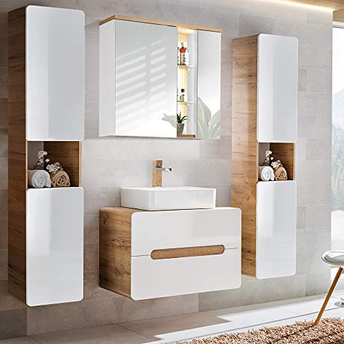 Lomadox Badezimmer Badmöbel-Set, Hochglanz weiß mit Wotaneiche, 80cm Waschtisch-Unterschrank mit Keramik-Waschbecken, LED-Spieglschrank & 2 Hochschränke