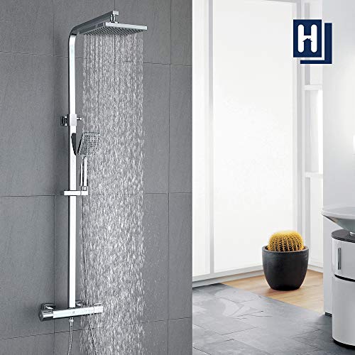 HOMELODY Duschsystem mit Thermostat Regendusche eckig Duscharmatur Duschset Dusche inkl. ABS Handbrause, Regenbrause 19.7*19.7cm, Edelstahl Duschstange