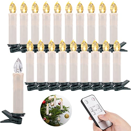 20er LED Weihnachtskerzen kabellos, warmweiße Weihnachtsbaumkerzen kabellos, dimmbare LED Weihnachtsbaumkerzen mit Fernbedienung/Clips, flackernde Weihnachtsdekoration Lichterkette, 2cm x 10cm