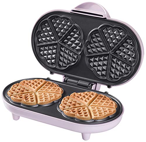 Bestron Doppel-Waffeleisen für klassische Herzwaffeln, Waffelmaker mit Antihaftbeschichtung, 1000 Watt, Rosa