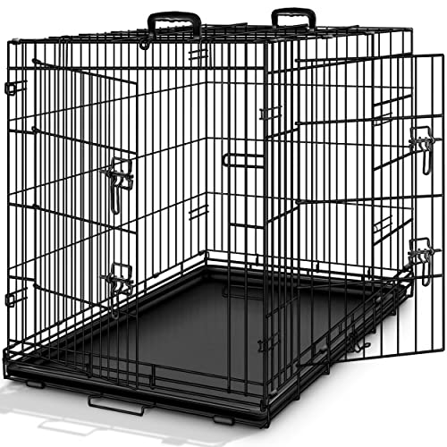 TRESKO Hundekäfig 91 x 58 x 64 cm faltbar mit 2 Türen | Transportkäfig Auto | Hundebox mit Bodenschale | Transportbox Drahtkäfig