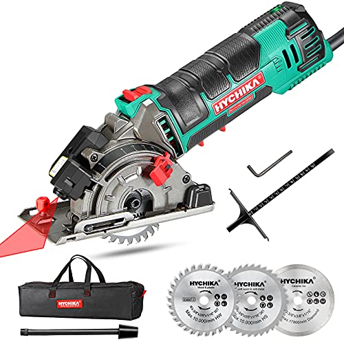 Mini Kreissäge, HYCHIKA Handkreissäge mit 3 Sägeblättern, Laserführung, Skalenlineal, 500W Motor aus reinem Kupfer, 4500RPM, Ideal für Holz-, Weichmetall-, Fliesen- und Kunststoffschnitte