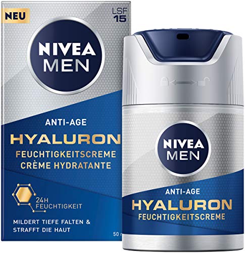 NIVEA MEN Anti-Age Hyaluron Feuchtigkeitscreme (50 ml), Gesichtscreme mit LSF 15 mildert selbst tiefe Falten, schnell einziehende Gesichtspflege mit Hyaluron