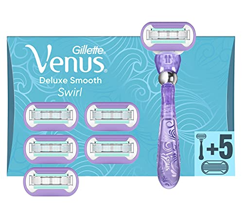 Gillette Venus Deluxe Smooth Swirl Rasierer Damen, Damenrasierer + 6 Rasierklingen mit 5-fach Klinge, Frauen Geschenk