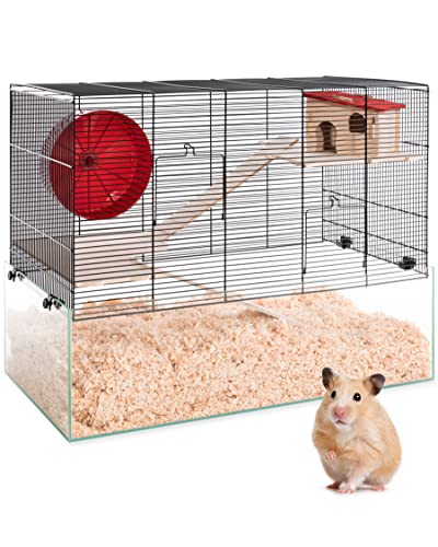 PETGARD Mäuse- und Hamsterkäfig, Nagarium mit Glaswanne und 2 Holzetagen, Komplettset mit Laufrad und weiterem Zubehör, 67x36,5x52 cm, Minnesota