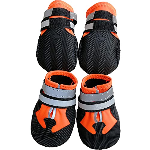 Leeko Hundeschuhe, 4 Stück Hundepfotenschutz Hundestiefel mit Anti-Rutsch Sohle, reflektierendem Riemen, Klettverschluss, Hundeschnee Stiefel Pfotenschutz für mittlere und große Hunde, Orange (L)