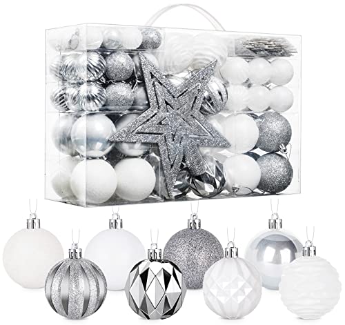 HOUISM 136er Weihnachtskugeln Weihnachtsdeko Set Silber und Weiß mit Baumspitze Stern et 36tlg Haken, Kunststoff Christbaumschmuck Set Robuste und Sichere, Weihnachtsbaumschmuck, MEHRWEG