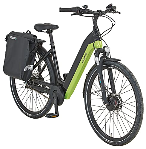 Prophete Entdecker E-Bike eC800 | Erwachsenen E Bike Herren/Damen | Elektrofahrrad unisex | Pedelec City-E-Bike | Fahrrad 28 Zoll | Citybike mit Vorderradmotor | ‎Glanz Schwarz/Grün