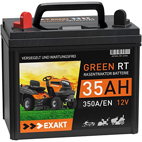 EXAKT Rasentraktor Batterie 35Ah 12V 350A/EN Aufsitzmäher Aufsitzrasenmäher Starterbatterie total wartungsfrei statt 30Ah 32Ah Plus Links