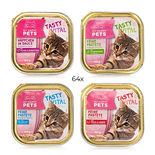 My Happy Pets 64x Katzenfutter in 4 verschiedenen Sorten - Alleinfutter-Mittel für ausgewachsene Katzen - Nass-Futter - Feine Pastete - 64x100g