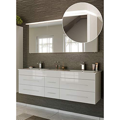 Lomadox Badmöbel Komplett Set Hochglanz weiß, mit Doppel-Waschtisch mit Unterschrank mit 2 Waschbecken, LED-Spiegelschrank