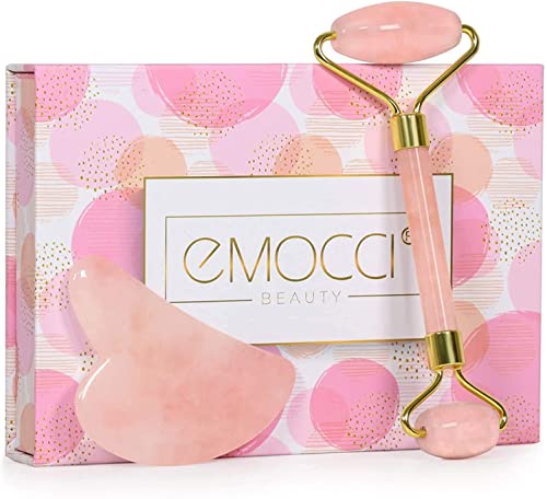 Jade Roller Gesicht Rosenquarz Gua Sha Stein Gesichtsroller Massageger Face Massagegerät für Augen Anti-Aging Nacken Verjüngung Schönheit Hautpflege Gerät mit Geschenkbox Set(Rosa)