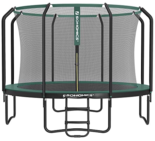 SONGMICS Trampolin Ø 305 cm, Gartentrampolin für Kinder mit Sicherheitsnetz, 180 cm hohe Stangen, Randabdeckung, Leiter, Stahlrahmen, TÜV Rheinland GS-Zertifikat, schwarz-dunkelgrün STR103C01