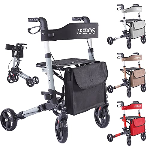 Arebos Leichtgewicht Rollator | Aluminium | Reiserollator | Gehhilfe 6-fach höhenverstellbar | bequeme Sitzfläche | Stockhalter | abnehmbare Einkaufstasche | Faltbar | Schwarz