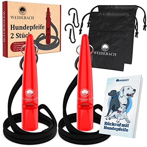 WEIDEBACH® 2X Hundepfeife mit lautem und gleichbleibendem Ton für Training mit Hund, genormte Frequenz, angenehmes Band und Mundstück, inkl. E-Book + Leckerlibeutel für gelungenes Rückruftraining, rot