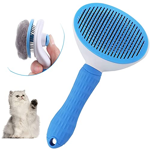 MYSHELL Hundebürste, Katzenbürste,Haarentferner, Haustierbürste für Langes Haar und Kurzes Haar,Reinigung von Tierhaaren aus der Bürste mit Einem Knopf, Blau