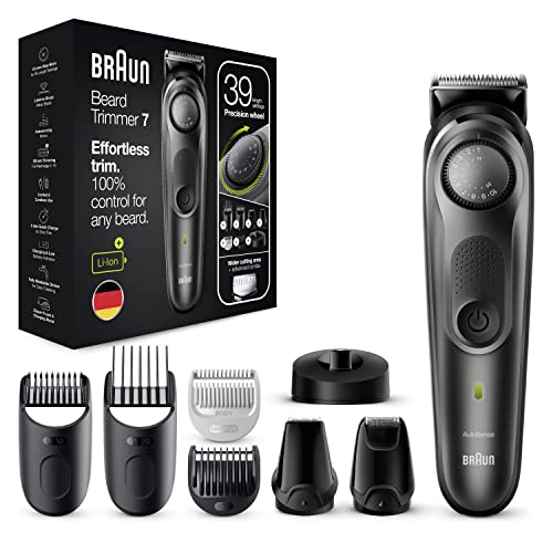 Braun Barttrimmer 7, Trimmer/Haarschneider Herren, Haarschneidemaschine, für Gesichts- und Kopfhaare, 39 Längeneinstellungen, Vatertagsgeschenk, BT7350, schwarz/grau-metallic