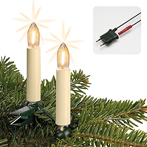 Hellum Lichterkette Made-in-Germany Weihnachtsbaum, Kerzen Lichterkette innen mit Clip, 20 warm-weiße LED-Filament, beleuchtet 1330cm, Kabel grün Schaft elfenbeinfarben, für Innen mit Stecker 814019