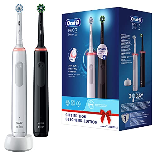 Oral-B PRO 3 3900 Elektrische Zahnbürste/Electric Toothbrush, Doppelpack, mit 3 Putzmodi und visueller 360° Andruckkontrolle für Zahnpflege, Designed by Braun, weiß/schwarz