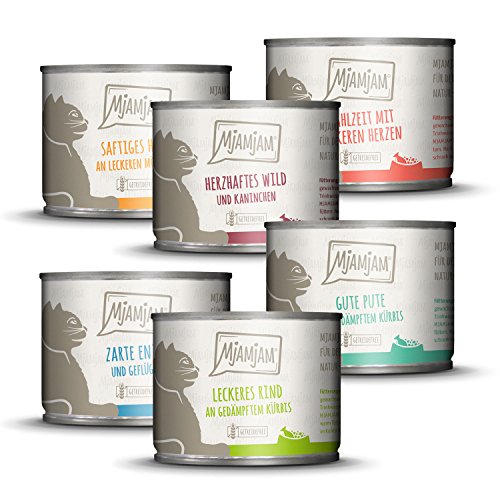 MjAMjAM - Premium Nassfutter für Katzen - Mixpaket 3 - Wild & Kaninchen, Pute, Ente & Geflügel, herzen, Huhn, Rind, 6er Pack (6 x 200 g), getreidefrei mit extra viel Fleisch