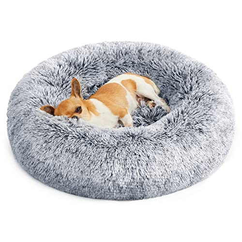 FEANDREA Hundebett flauschig, Katzenbett, Donut Kissen, waschbar, Polsterung in der Mitte herausnehmbar, Langer Plüsch, 60 cm Durchmesser, hellgrau PGW038G01