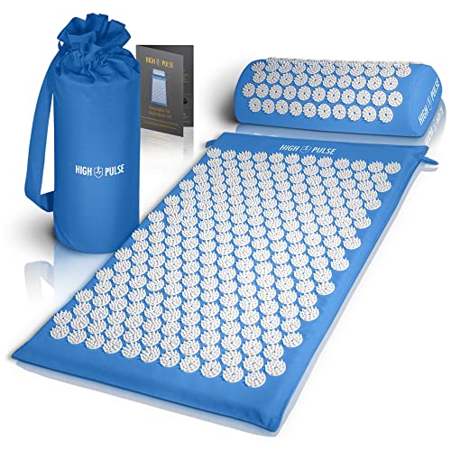 High Pulse Akupressur Set + 5 Ringe + Poster – Akupressurmatte & Kissen stimuliert die Blutzirkulation und löst Verspannungen (Blau)