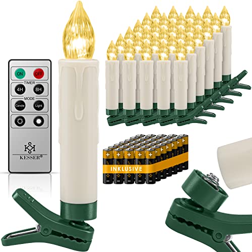 KESSER® Weihnachtsbaumkerzen 30 LED Inkl. Batterien Kabellos - Warmweiß - mit Fernbedienung - Timerfunktion - Flackern - Dimmbar Weihnachtskerzen Christbaumkerzen Befestigungsklammern Kerzen Weiß