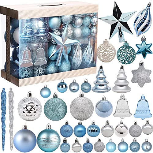 130Stücke Christbaumkugeln Kunststoff, Weihnachtskugeln Blau Weihnachtskugeln Baumschmuck mit Stern Baumspitze für Weihnachten Hochzeit Party