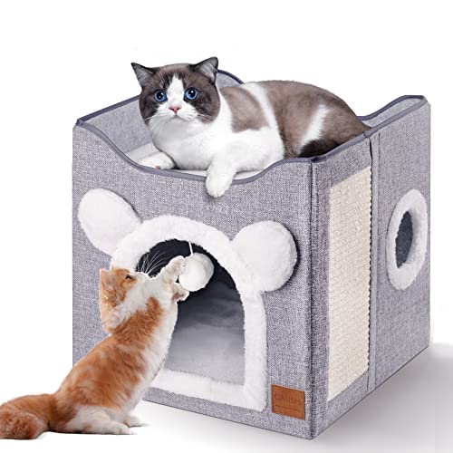 CATISM Faltbares Katzenhaus, Katzenbett 2 Schicht Große Katzenhöhle für Haustier Katze mit Kratzbrett und Flauschige Kugel für kleine mittlere Haustiere Innenruhe