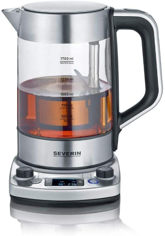 SEVERIN Tea Maker „Professional“ mit Auto-Liftfunktion, Glaswasserkocher für bis zu 1,7 L, elektrischer Teekocher mit Temperatureinstellung, gebürstet/schwarz, WK 3422