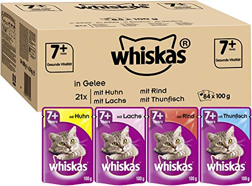 Whiskas 7+ Katzenfutter – Gemischte Auswahl in Gelee – Hochwertiges Nassfutter für Katzen ab 7 Jahren und älter – Für die Bewahrung der Vitalität – 84 Portionsbeutel à 100g