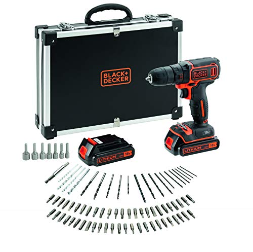 Black+Decker BDCDC18BAFC-QW Bohrschrauber (18V, 2X Li-Ion Schiebe-Akku, Planetengetriebe, LED-Arbeitsleuchte, 1A Ladegerät, inkl. 80-TLG. Zubehör im hochwertigen Koffer), 18 V