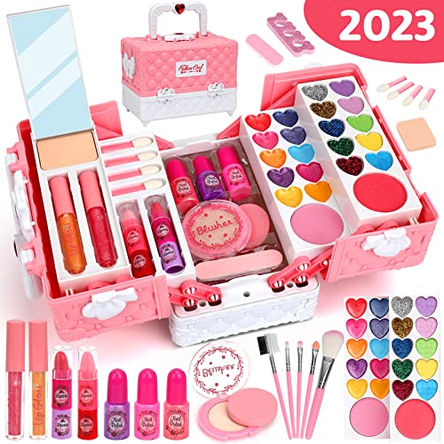 Flybay Kinderschminke Set Mädchen, Kinder Schminkkoffer Mädchen Spielzeug, 45PCS Waschbar Kinder Schminkset Mädchen Makeup-Set Weihnachts Geburtstags Geschenke für Mädchen 4 5 6 7 8 9 Jahre