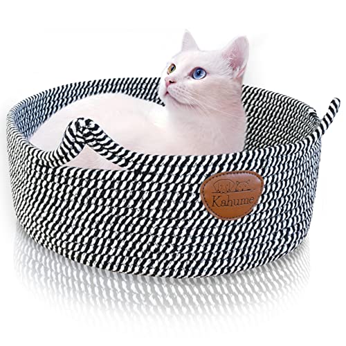 Katzenbett waschbar, Katzenkorb zum Schlafen aus Baumwollseilen, ECO Katzenkörbchen, Hundebett Korb geflochten für Katzen Schlafplatz Liegeplatz Bettchen Haustierbett Körbchen Cat Bed schwarz-weiß