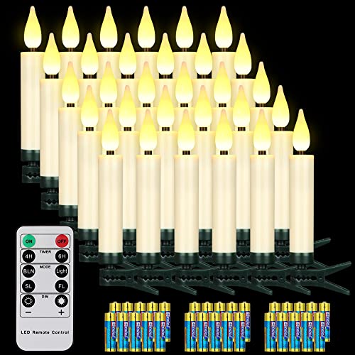 Yunsheng 30 stk LED Weihnachtsbaumkerzen kabellos mit Fernbedienung Timer, Batteriebetriebene Flammenlose Flackern Weihnachtskerzen, Christbaumkerzen lichterkette, IP64, (Enthält 30 Batterien)