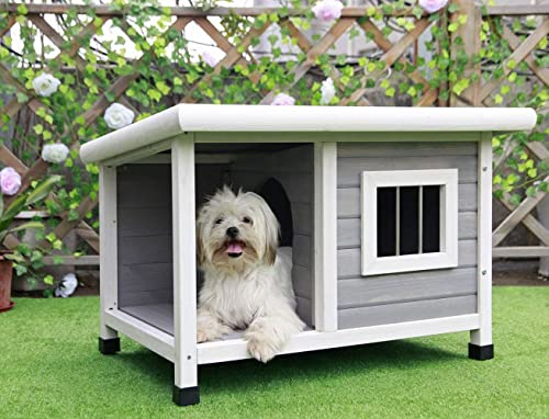Petsfit Hundehütte aus Massivholz, wetterfeste Hundehütten mit Asphalt Dach Hundehaus Outdoor Winterfest mit Terrasse & Fenster, 85 cm x 62 cm x 58 cm, Hellgrau