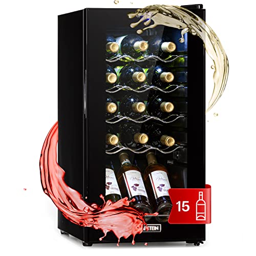 Klarstein Weinkühlschrank Shiraz, 1 Zonen Getränkekühlschrank Schmal, Kühlschrank mit Glastür, Flaschenkühlschrank Klein, Weinschrank, Weinkühler mit Kippablage, Weinschrank 5-18°C,15 Flaschen, Onyx