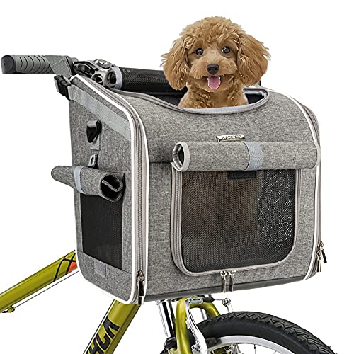BABEYER Fahrradkorb für Hunde, erweiterbar, weich, mit 4 offenen Türen, 4 Netzfenster für mittelgroße Hunde, Katzen, Welpen, Grau