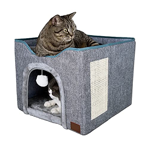 YUDOXN Faltbares Haus für Katzen mit Terrasse, Faltbares Katzenhaus, Höhle für Katzen und kleine Hunde, weicher Ball zum Aufhängen und Kratzen, 44 x 44 x 36 cm, Grau