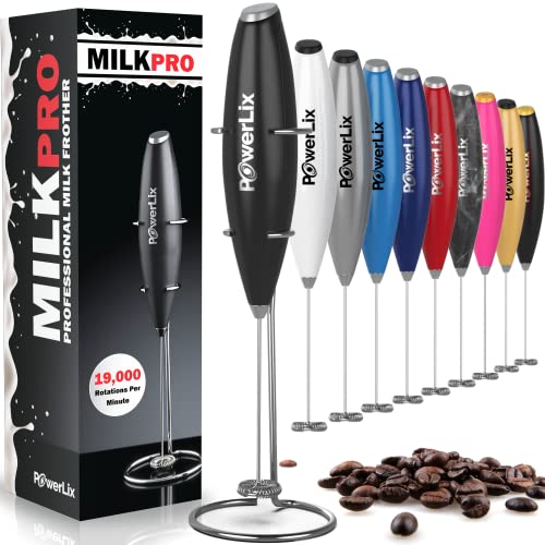 PowerLix Milchaufschäumer Stab,Milchschäumer Elektrisch - mit Edelstahlständer 15-20s,19000 rpm Batteriebetriebener Milk Frother für Kaffee, Latte, Cappuccino, Heiß & Kalte Schokolade, Schwarz