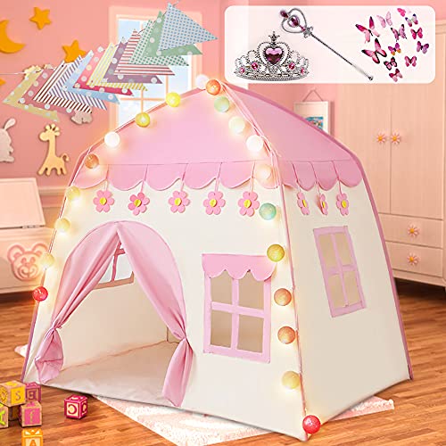 Labeol Kinderspielzelt für Mädchen Prinzessin Spielzelt Kinderzimmer für Drinnen Outdoor Sicherheit Ungiftig mit Baumwollball-Leuchten Gefrorener Prinzessin-Krone-Zauberstab 130 * 100 * 130 Großes