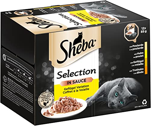 Sheba Katzennassfutter Selection in Sauce, 72 Schalen, 12x85g (6er Pack) – Katzenfutter nass, Geflügel Variation mit Poularde, Huhn, Geflügel und Truthahn in Sauce für ausgewachsene Katzen