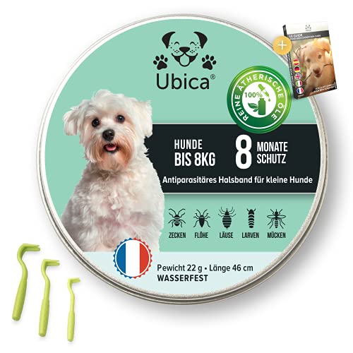 Ubica® Flohhalsband Hunde - Zeckenhalsband für Hunde - Flohmittel Hund ( 8kg) - Formel mit ätherischen Ölen (Zitronengras) -100% WASSERDICHT - 3 Zeckenklammern und EBOOK Gratis.