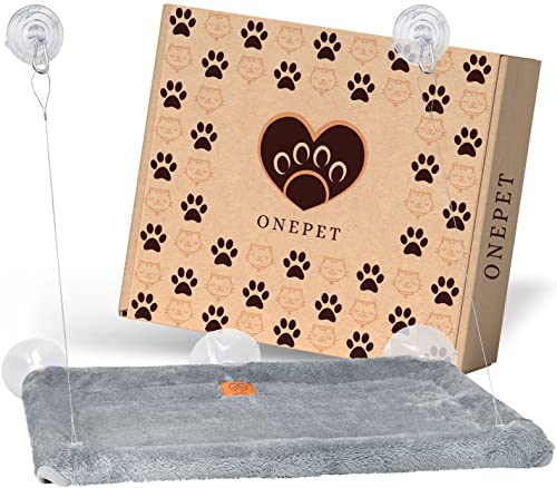 Onepet ® - Katzen Fensterliege in grau - Bequeme und stabile Katzenhängematte (57 x 38 cm) mit 5 Saugnäpfen für Katzen bis 18kg - leicht ans Fenster anzubringen