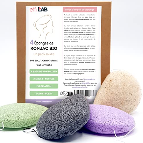Konjac-Schwämme Bio Gesicht kombiniert mit Grüntee, Karbon, Lavendel und Walnussschalen | Set mit 4 Schwämmen in Tropfenform | Natürlich reinigender Gemüseschwamm