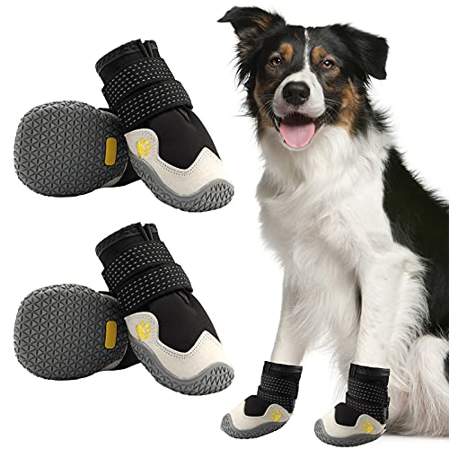 AQH Hundeschuhe, 4 Stück Atmungsaktive Stiefel für Hunde mit reflektierenden Riemen, Mikrofaser Leder Gummi Rhombische Sohle Hundepfotenschutz (B, 5#)