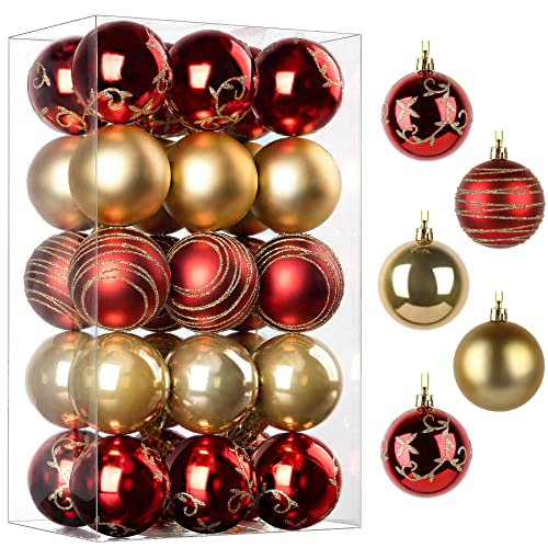 SHareconn Weihnachtskugeln 30pcs 60mm, Bruchsichere Kunststoffkugeln Weihnachtsbaumschmuck, Arbige Christmas Baubles mit Schnüren, Weihnachtsbaum, Festival, Urlaub, Hochzeitsfeier, Rot und Gold