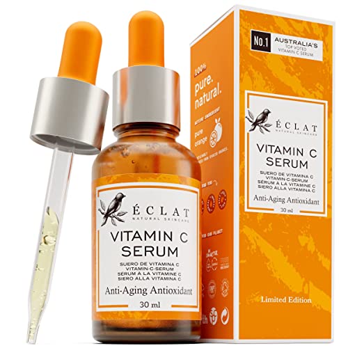 Bio-Vitamin C Serum für das Gesicht MIT HYALURONSÄURE +RETINOL +FERULATSÄURE +JOJOBA-ÖL +VIT E - Anti Aging Aufhellendes Gesichtsserum für reinen Hautglanz - Reduziert Falten & dunkle Flecken (Vegan)